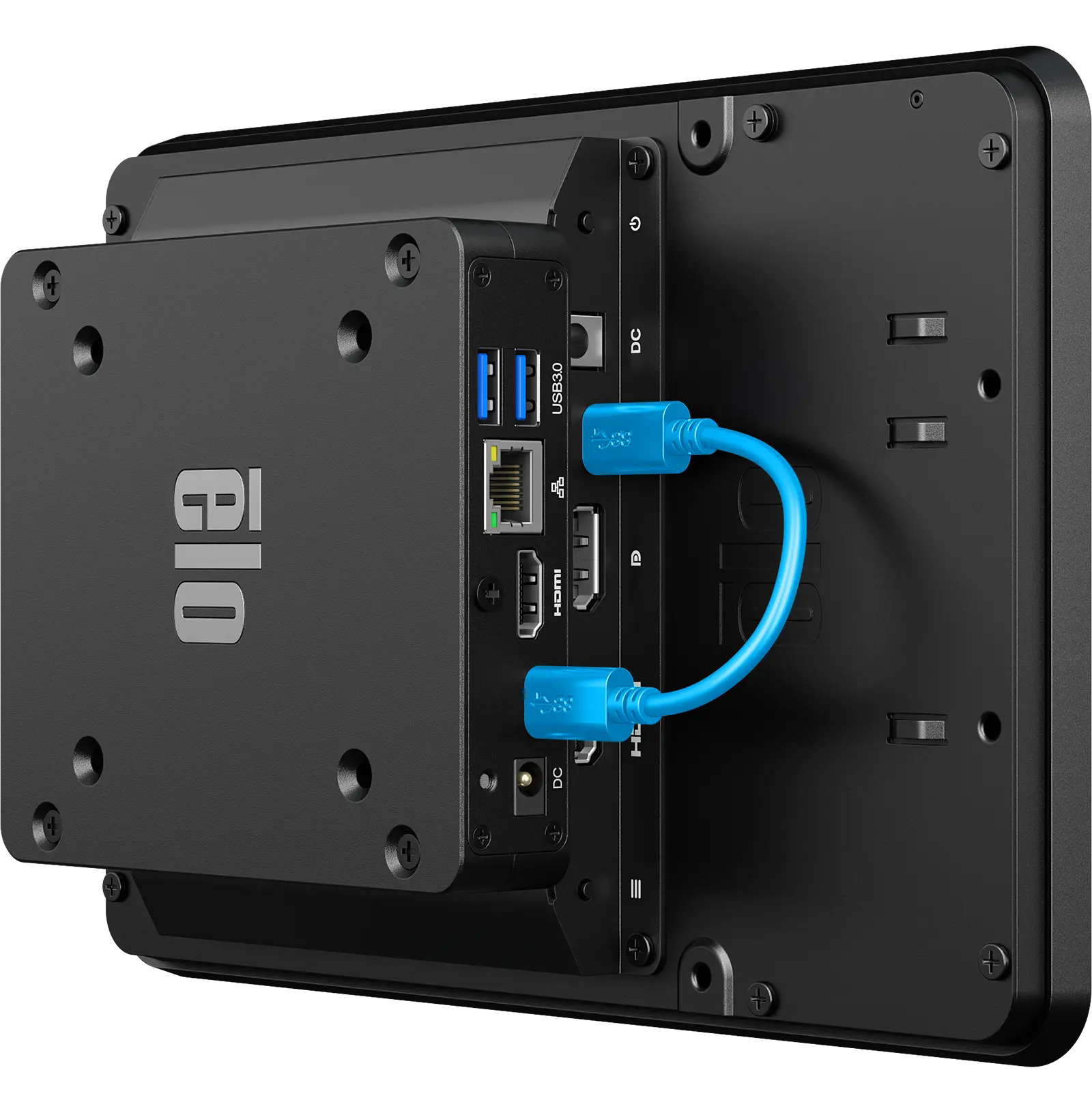 Rear photo prominently displaying and highlight an EloPOS Pack 2, affixed to the back and connected with a type c cable.